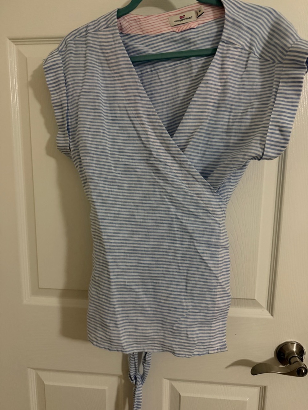 Striped Wrap-Style Tee in Light Blue and White